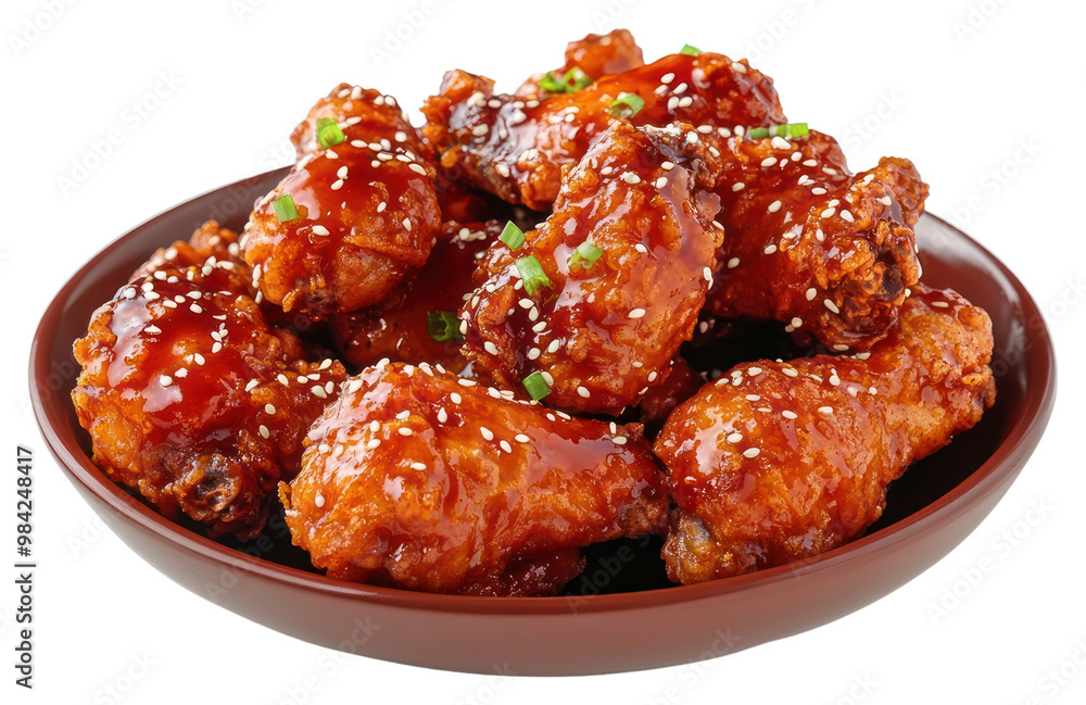 PNG Korean fried chicken with juicy glaze sauce background sesame white. PNG Korean fried chicken with juicy glaze sauce background sesame white.