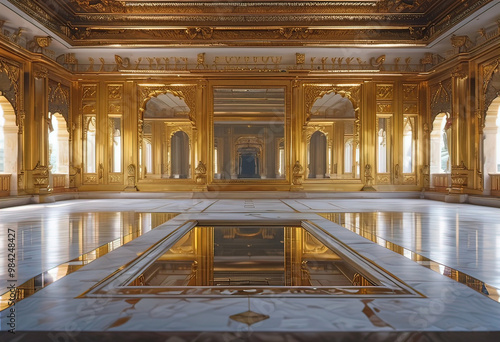 Rectangular mirror inside golden palace, palace with large rectangular mirror in center, close-up inside golden palace