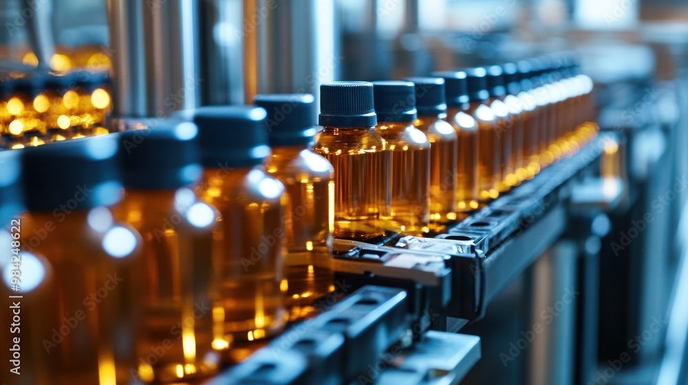 Amber bottles lined up in a factory assembly plant Amber bottles lined up in a factory assembly plant