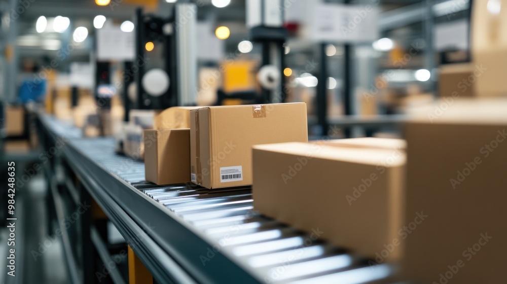 Packaging boxes on roller conveyor in distribution center Packaging boxes on roller conveyor in distribution center