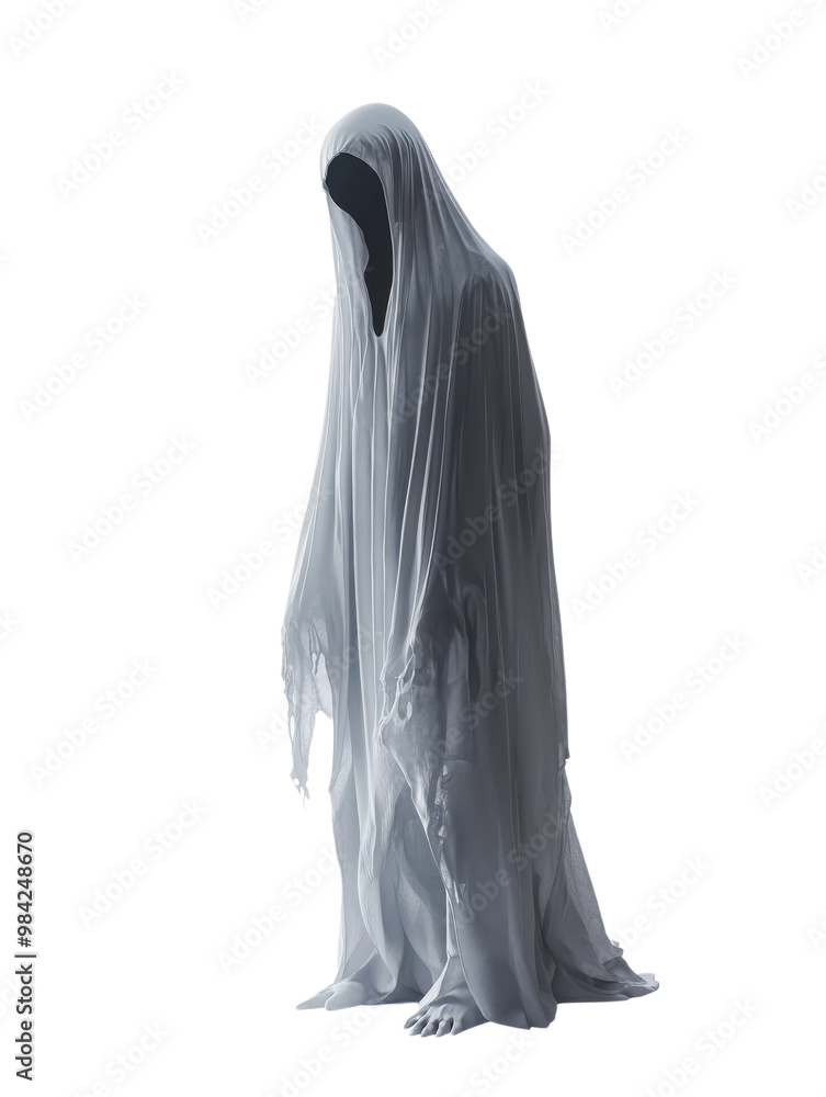 Ghost figure in gray drapery, white isolate background Ghost figure in gray drapery, white isolate background