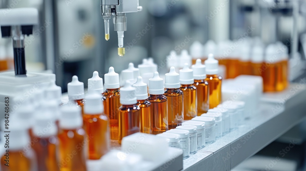 Amber glass bottles being filled by automated machinery Amber glass bottles being filled by automated machinery