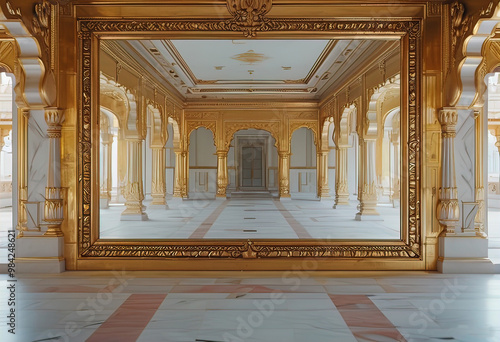 Rectangular mirror inside golden palace, palace with large rectangular mirror in center, close-up inside golden palace