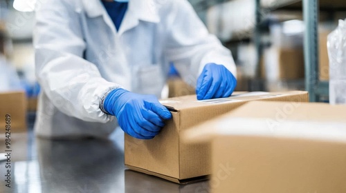 Worker packing pharmaceutical products in boxes