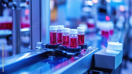 Wallpaper Mural Red liquid vials on assembly line in laboratory Torontodigital.ca