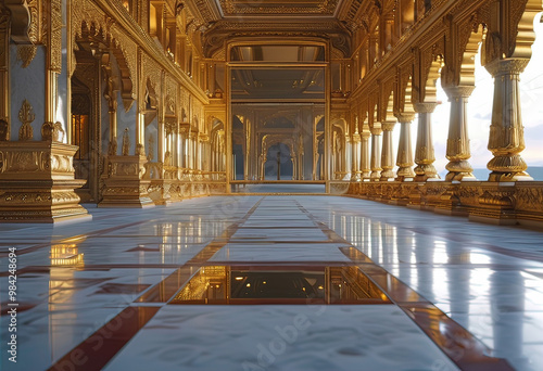 Rectangular mirror inside golden palace, palace with large rectangular mirror in center, close-up inside golden palace
