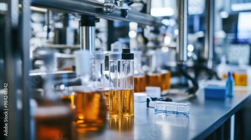 Orange liquid bottles on a modern factory production line