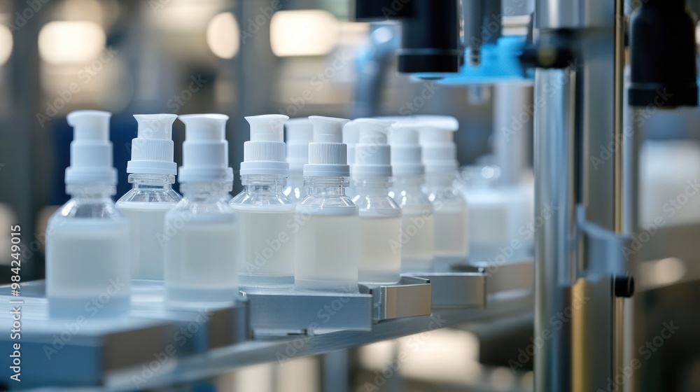 Cream Bottles on Conveyor Belt in Manufacturing Plant Cream Bottles on Conveyor Belt in Manufacturing Plant