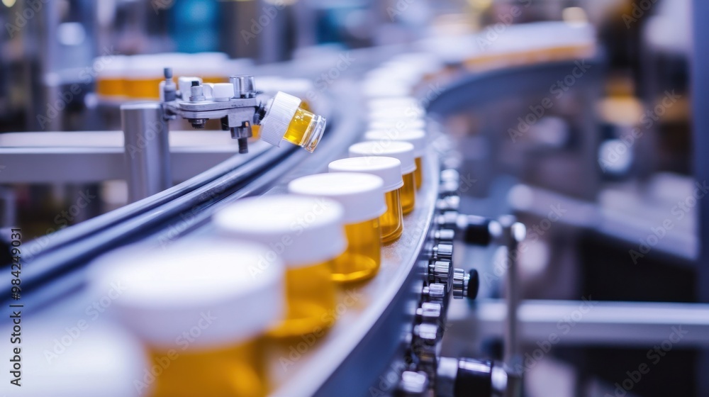 Obraz premium White jars with yellow contents on a conveyor system.