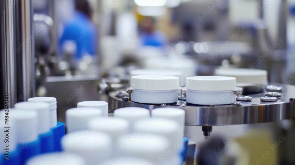White plastic jars in production line at factory. White plastic jars in production line at factory.