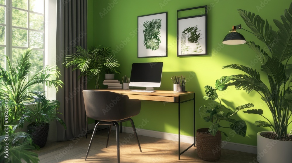Fototapeta premium A refreshing home office setup with a bright green accent wall and natural wooden desk
