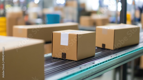 Boxes ready for shipment on a conveyor belt indoors