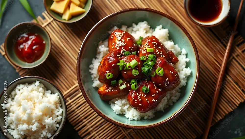 Shoyu chicken with steamed rice and green onions on bamboo mat (Hawaiian Cuisine) Shoyu chicken with steamed rice and green onions on bamboo mat (Hawaiian Cuisine)