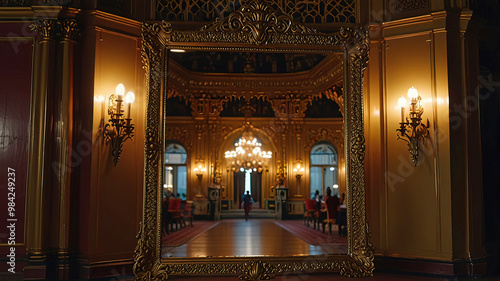 Rectangular mirror inside golden palace, palace with large rectangular mirror in center, close-up inside golden palace