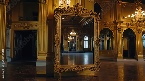Rectangular mirror inside golden palace, palace with large rectangular mirror in center, close-up inside golden palace
