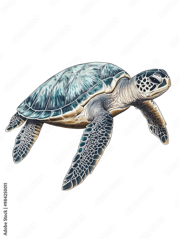 Fototapeta premium Turtle swimming in ocean, white isolate background