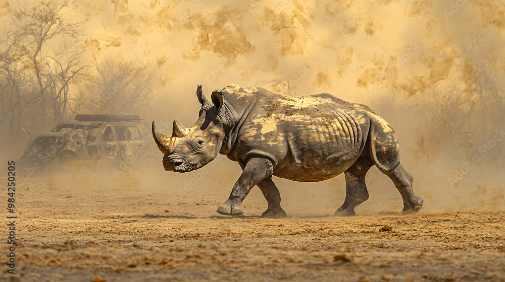 Fototapeta premium Rhino Charging Through Dust Cloud