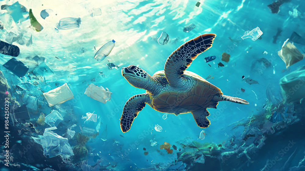 Obraz premium Sea Turtle and Plastic Pollution