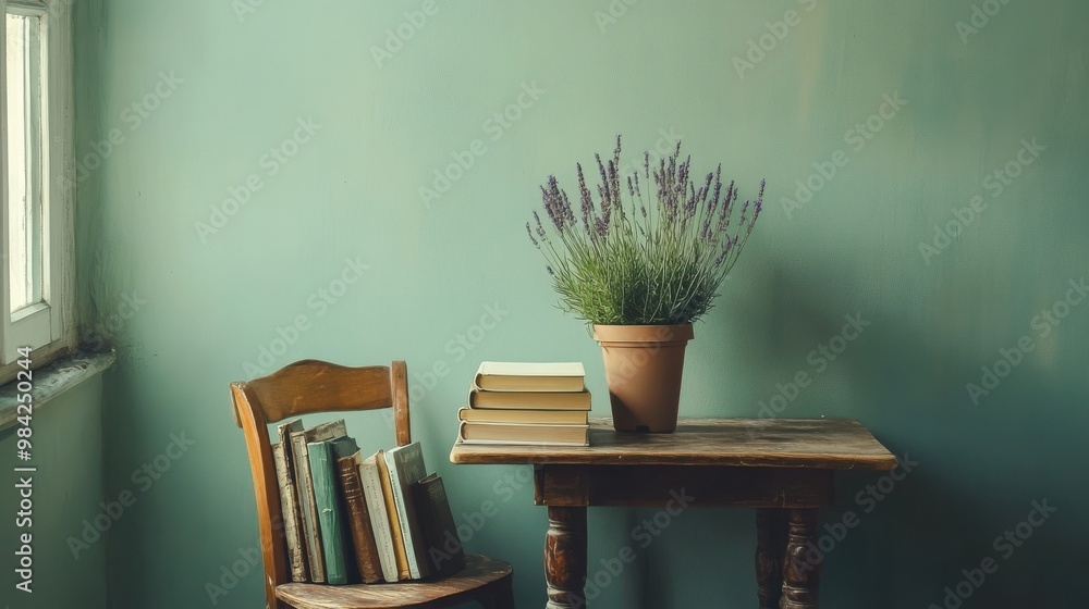 A rustic minimalist room featuring a small wooden table with a potted lavender plant A rustic minimalist room featuring a small wooden table with a potted lavender plant