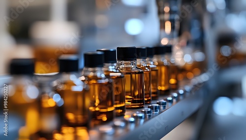 Close-up of a line of amber-colored glass bottles with black lids on a conveyor belt in a factory setting.