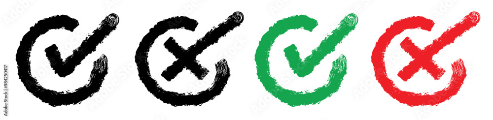 Check mark, tick and cross brush drawn symbol, do and dont sign color style isolated on white background vector 10 eps Check mark, tick and cross brush drawn symbol, do and dont sign color style isolated on white background vector 10 eps