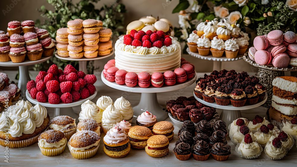 A vibrant table filled with an assortment of beautiful colored sweets, showcasing a delightful array of desserts perfect for National Dessert Day. A vibrant table filled with an assortment of beautiful colored sweets, showcasing a delightful array of desserts perfect for National Dessert Day.