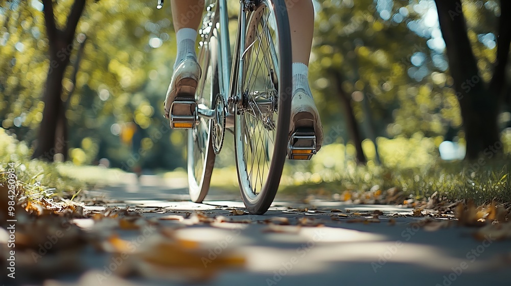 Naklejka premium A cyclist pedals through a park, surrounded by nature. The close-up shot captures the bike and the rider's feet, highlighting the exercise, wellness, and lifestyle aspects of cycling