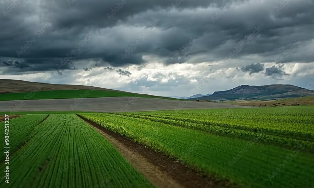 A scenic landscape featuring lush green fields under a dramatic cloudy sky. A scenic landscape featuring lush green fields under a dramatic cloudy sky.