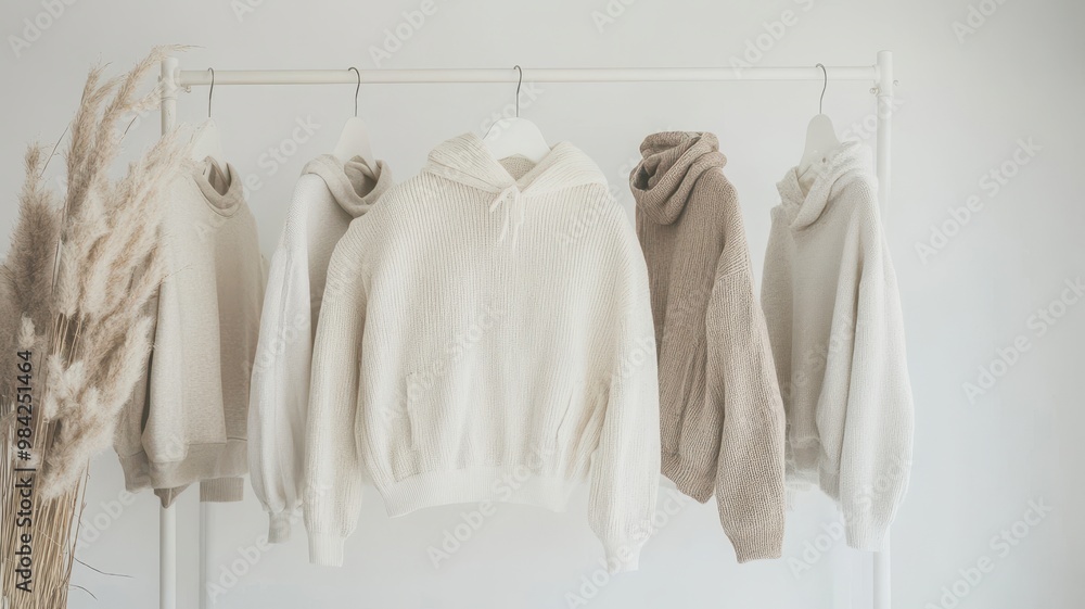 Fototapeta premium Beige and white fashion Clothes on a clothing hanger,knitwear and hoodies on hangers,Minimal fashion clothes on a rack,Fashion blog, website, social media,store in shopping mall,sale online.