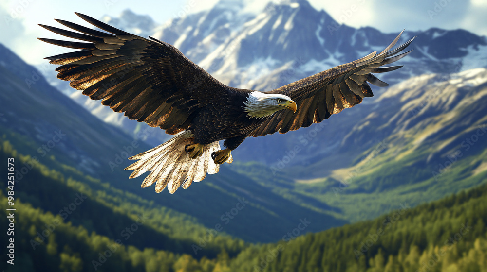 Fototapeta premium Majestic Bald Eagle Soaring Above Mountain Landscape