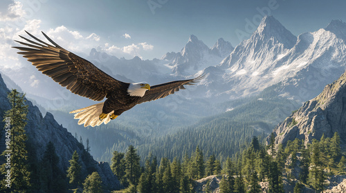 Majestic Bald Eagle Soaring Over Mountain Range photo