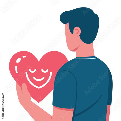 Illustration of a man holding a smiling heart symbol of selflove and positivity