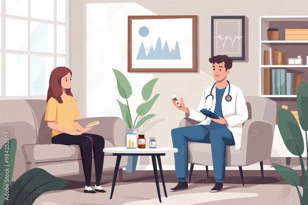 A telemedicine session between a nurse and a patient in a cozy living room, with the patient holding a pill bottle and discussing medication adjustments A telemedicine session between a nurse and a patient in a cozy living room, with the patient holding a pill bottle and discussing medication adjustments