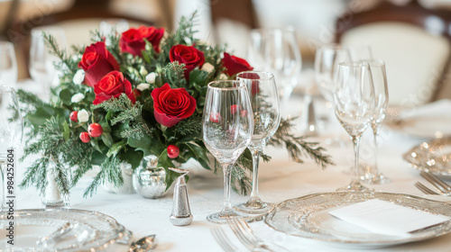 Elegant Table Setting with Red Roses and Glassware