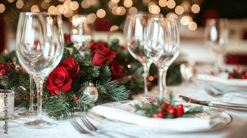 Elegant Christmas Table Setting with Roses and Lights