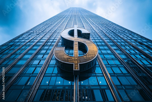 Financial office skyscrapers with the $ dolar