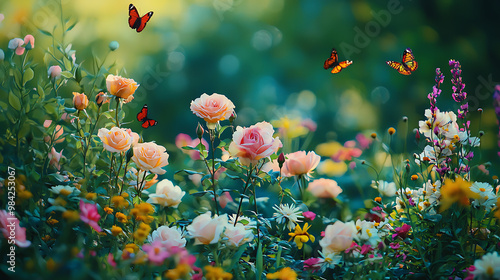 A vibrant garden full of blooming roses and colorful butterflies creates serene and enchanting atmosphere. beauty of nature is on full display, inviting joy and tranquility. 