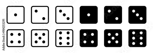 Set of game dice icon. game sign. Dice game vector icon set in black and white color isolated on white background. Dice in a flat and linear design from one to six. Vector illustration.