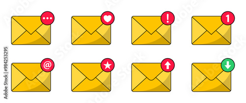 Incoming message icon set. Mail vector icons. Notification message or email vector icon set. Envelope message icon collection. Incoming message notification vector illustration.