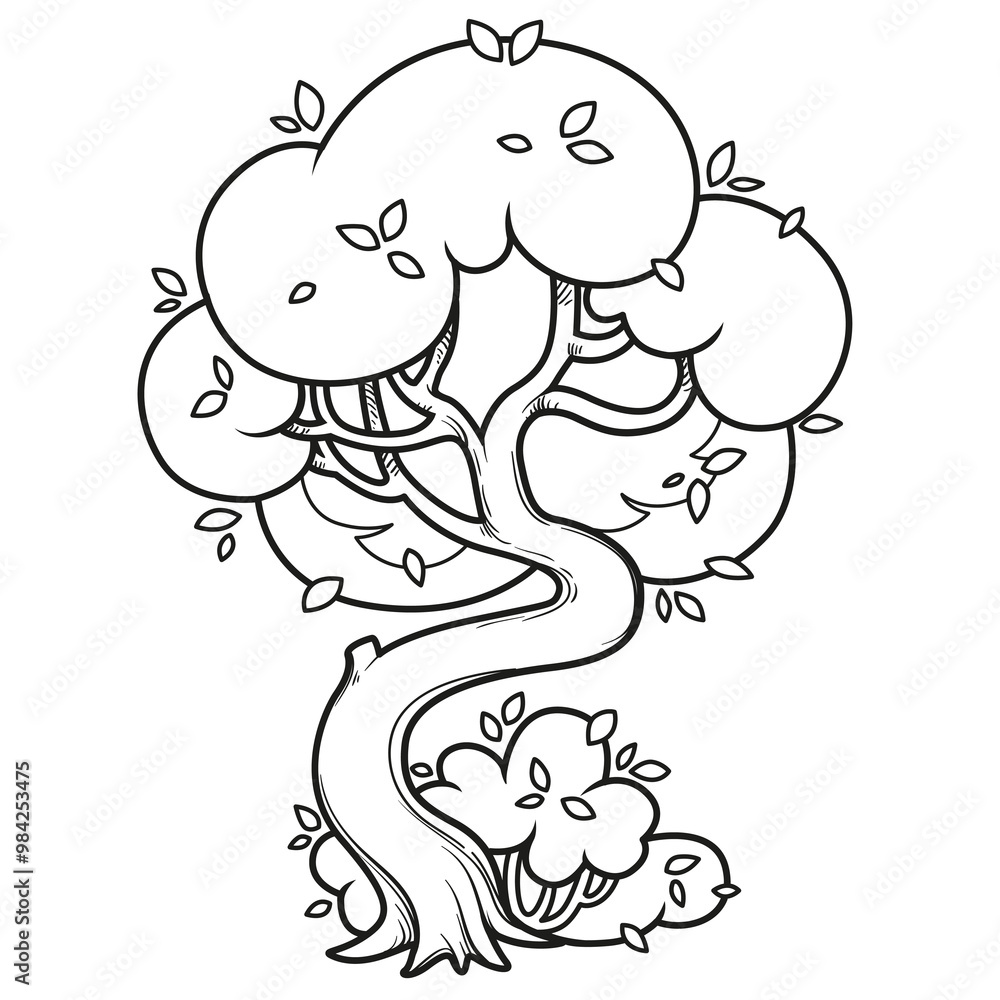 Deciduous tree with a crooked trunk and a bush below isolated on white background Deciduous tree with a crooked trunk and a bush below isolated on white background