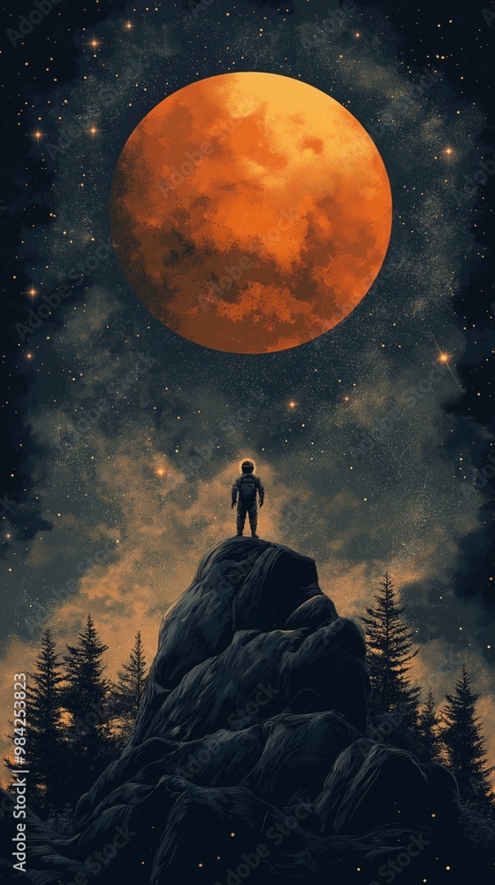Illustration of a Silhouette of an Astronaut Landing on the Moon, Gazing at Other Planets with a Blue and Red Color Palette, Mobile Phone Wallpapers Illustration of a Silhouette of an Astronaut Landing on the Moon, Gazing at Other Planets with a Blue and Red Color Palette, Mobile Phone Wallpapers