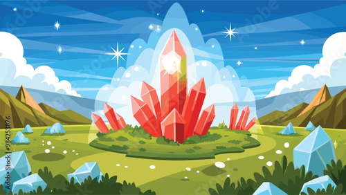 Vibrant crystalline landscape with majestic red crystals and sparkling blue sky