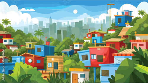 Colorful urban landscape with vibrant houses and greenery overlooking a modern city skyline