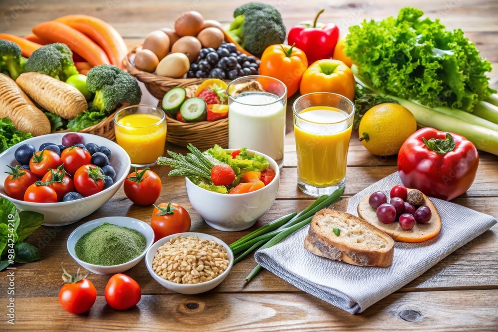 Fresh and Healthy Balanced Diet Foods on Table with Copy Space Fresh and Healthy Balanced Diet Foods on Table with Copy Space