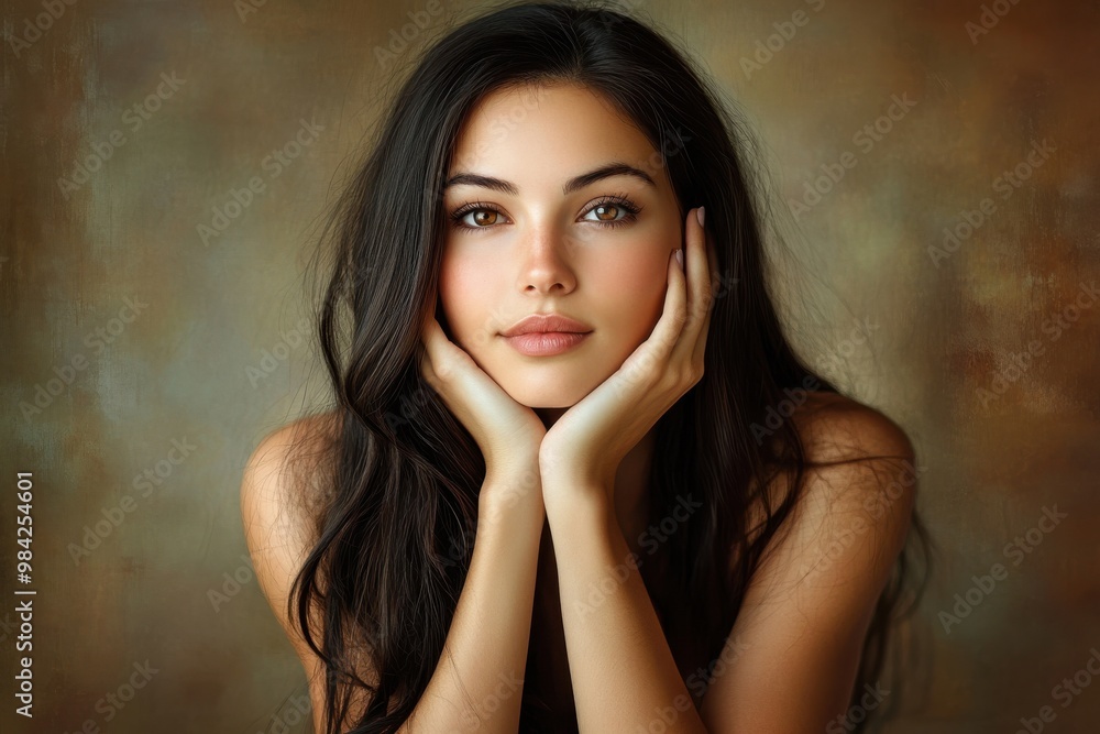 A serene woman with long dark hair sitting gracefully with her hands resting softly under her cheek A serene woman with long dark hair sitting gracefully with her hands resting softly under her cheek