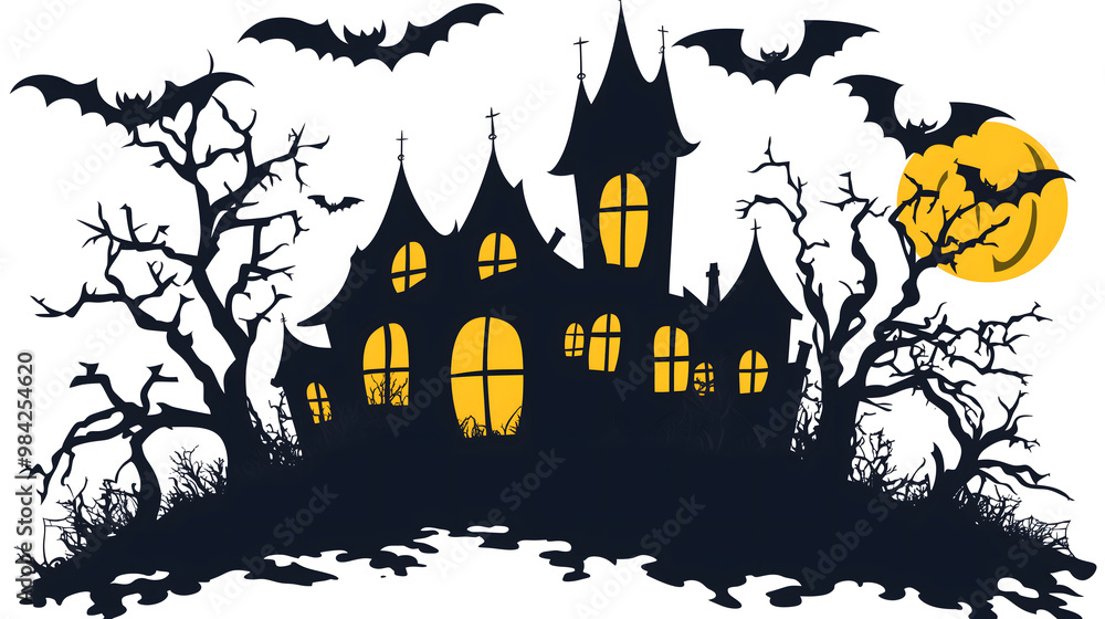 Halloween haunted house clip art, simple silhouette of black with yellow color Halloween haunted house clip art, simple silhouette of black with yellow color
