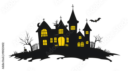 Halloween haunted house clip art, simple silhouette of black with yellow color