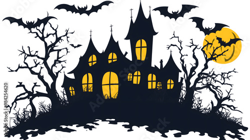 Halloween haunted house clip art, simple silhouette of black with yellow color