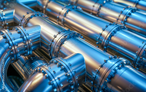 Close Up industrial metal pipes in blue-silver color shade.