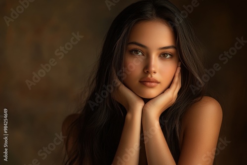 A serene woman with long dark hair sitting gracefully with her hands resting softly under her cheek